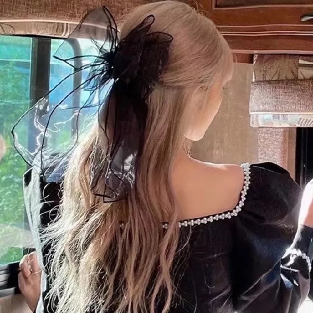 Oversized Black Tule Bow French Barrette Hair Clip - Picture 7 of 10